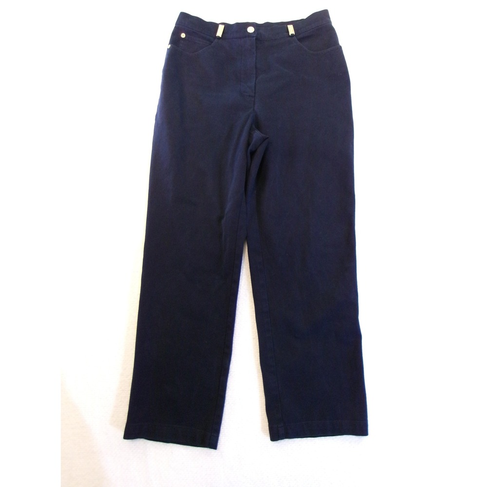 St. John Sport Marie Gray Navy Blue Straight Leg Pants Gold Hardware Size 10
